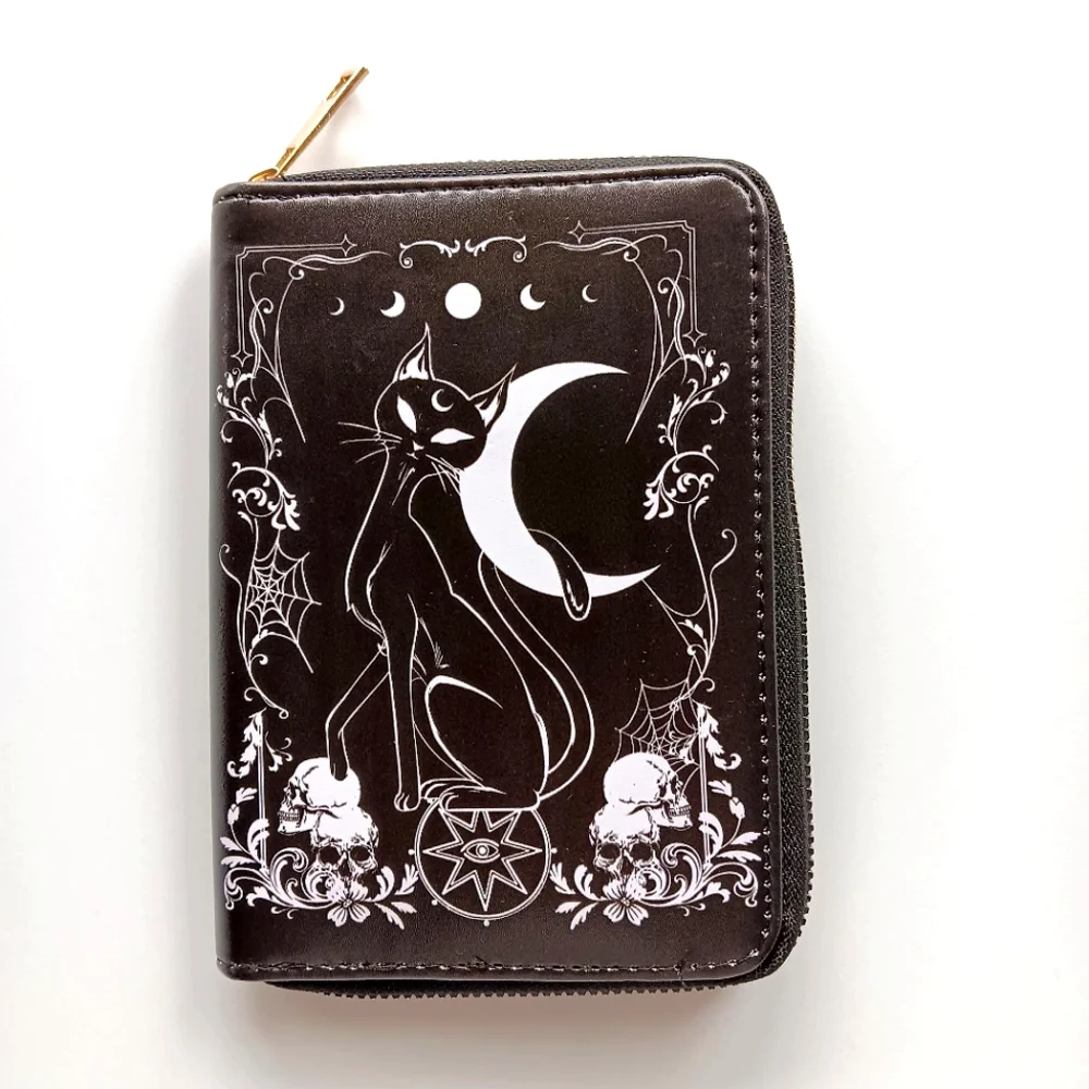 Cat and Moon Themed Zip Around Wallet, Black and White - Picture 1 of 5